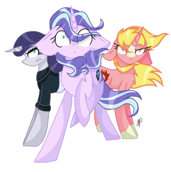 Size: 1916x1920 | Tagged: safe, artist:gallantserver, derpibooru import, oc, oc:blaze glory, oc:emorundum, oc:sparkler, unofficial characters only, pony, unicorn, female, image, magical lesbian spawn, mare, not luster dawn, not maud pie, not rarity, not starlight glimmer, offspring, parent:maud pie, parent:starlight glimmer, parent:sunburst, parent:sunshine smiles, parents:starmaud, png, simple background, transparent background