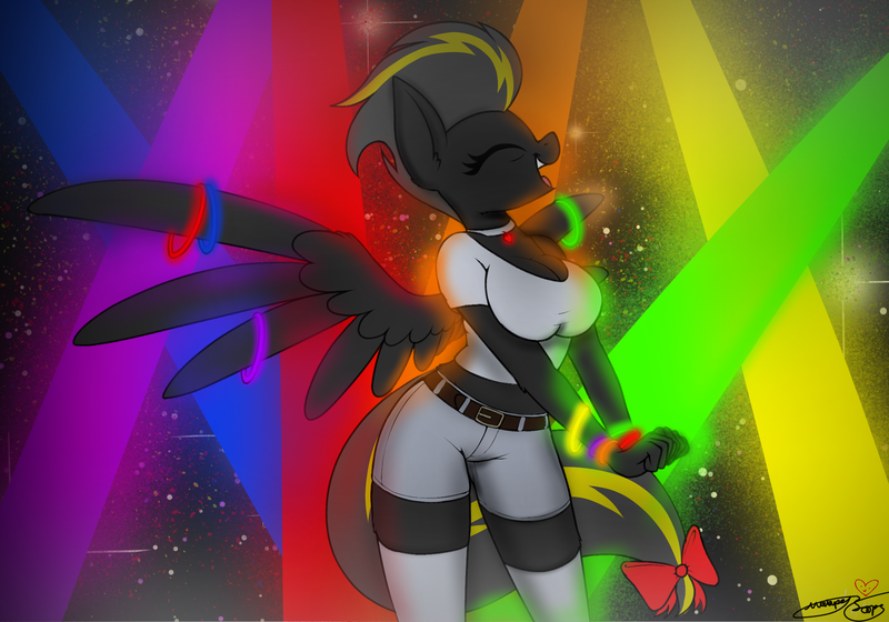 Size: 2230x1561 | Tagged: safe, artist:ponynamedmixtape, derpibooru import, oc, oc:storm warning, anthro, pegasus, bow, clothes, club, dancing, eyes closed, female, glowstick, happy, image, midriff, milf, png, shirt, shorts, socks, solo, tail, tail bow