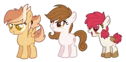 Size: 2266x1113 | Tagged: safe, artist:gallantserver, derpibooru import, oc, oc:chicken wings, oc:cocoa belle, oc:pippin apple, earth pony, pegasus, pony, female, filly, foal, image, offspring, parent:apple bloom, parent:button mash, parent:featherweight, parent:pipsqueak, parent:scootaloo, parent:sweetie belle, parents:pipbloom, parents:scootaweight, parents:sweetiemash, png, simple background, transparent background