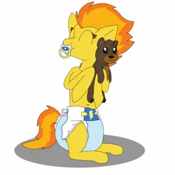 Size: 1280x1280 | Tagged: suggestive, artist:little-off-main, derpibooru import, spitfire, pony, diaper, diaper fetish, fetish, image, jpeg, pacifier, plushie, simple background, solo, teddy bear, white background