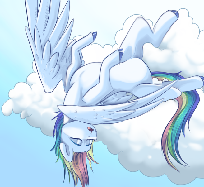 Size: 1516x1387 | Tagged: safe, artist:smirk, derpibooru import, rainbow dash, pegasus, belly, cloud, drool, image, large wings, lying down, on a cloud, on back, partially open wings, png, round belly, sleeping, sleeping on a cloud, solo, wings