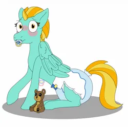 Size: 1280x1280 | Tagged: suggestive, artist:little-off-main, derpibooru import, lightning dust, pony, blushing, diaper, diaper fetish, fetish, image, jpeg, pacifier, plushie, simple background, solo, teddy bear, white background