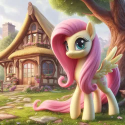 Size: 2048x2048 | Tagged: safe, ai content, derpibooru import, machine learning generated, fluttershy, pegasus, pony, cottage, g4, generator:dall-e 3, house, image, looking at you, png, prompter:montaraz13, smiling, solo, spread wings, standing, tree, wings