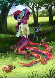 Size: 2251x3200 | Tagged: safe, artist:teaflower300, derpibooru import, oc, unofficial characters only, bird, pegasus, pony, rabbit, squirrel, animal, bow, commission, facing away, female, flower, flower in tail, grass, hair bow, high res, image, log, mare, nature, png, ribbon, sitting, smiling, solo, tail