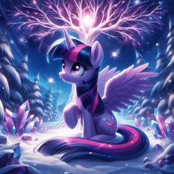 Size: 1024x1024 | Tagged: safe, ai content, derpibooru import, machine learning generated, twilight sparkle, twilight sparkle (alicorn), alicorn, pony, crystal, forest, g4, generator:dall-e 3, image, jpeg, nature, prompter:montaraz13, raised hoof, sitting, smiling, snow, solo, spread wings, tree, wings