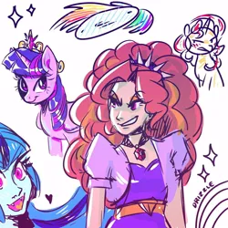 Size: 1000x1000 | Tagged: safe, artist:drizzledazzle, derpibooru import, adagio dazzle, rainbow dash, sonata dusk, sunset shimmer, twilight sparkle, twilight sparkle (alicorn), alicorn, human, pony, unicorn, equestria girls, blushing, clothes, crown, group, heart, image, jewelry, jpeg, necklace, regalia, simple background, sketch, sketch dump, smiling, smirk, white background