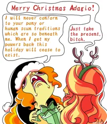 Size: 1300x1500 | Tagged: safe, artist:drizzledazzle, derpibooru import, adagio dazzle, sunset shimmer, human, equestria girls, christmas, clothes, dialogue, duo, female, frown, headband, holiday, image, jpeg, lesbian, open mouth, present, ship:sunsagio, shipping, simple background, text, white background