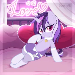 Size: 2000x2000 | Tagged: suggestive, artist:ghostpikachu, derpibooru import, oc, oc:dreaming bell, unofficial characters only, pony, unicorn, base used, bed, belly, clothes, collar, draw me like one of your french girls, fancy, female, heart, high res, horn, image, indoors, looking at you, mare, panties, pillow, png, room, sexy, socks, solo, stockings, thigh highs, two toned coat, underwear, unicorn oc