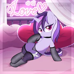 Size: 2000x2000 | Tagged: suggestive, alternate version, artist:ghostpikachu, derpibooru import, oc, oc:dreaming bell, unofficial characters only, pony, unicorn, base used, bed, belly, clothes, collar, draw me like one of your french girls, fancy, female, fishnet clothing, fishnets, heart, high res, horn, image, indoors, looking at you, mare, panties, pillow, png, room, sexy, socks, solo, stockings, thigh highs, two toned coat, underwear, unicorn oc