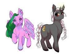 Size: 3661x2574 | Tagged: safe, artist:artbysarf, derpibooru import, oc, oc:bright idea, oc:ruby radiant, ponified, unofficial characters only, earth pony, pegasus, pony, unicorn, derpibooru community collaboration, 2024 community collab, burn marks, burned, duo, ear piercing, earring, female, high res, image, jewelry, mare, markings, mouth hold, pencil, piercing, png, ponified oc, ponytail, raised hoof, raised leg, scar, simple background, transparent background, unshorn fetlocks