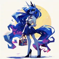 Size: 1024x1024 | Tagged: safe, ai content, derpibooru import, machine learning generated, princess luna, anthro, abstract, abstract art, abstract background, adorasexy, angular, bag, beautiful, clothes, cute, female, g4, hand in pocket, handbag, high heels, image, jpeg, modern art, necktie, prompter:horselover fat, sexy, shirt, shoes, simple background, skirt, smiling, solo, white background