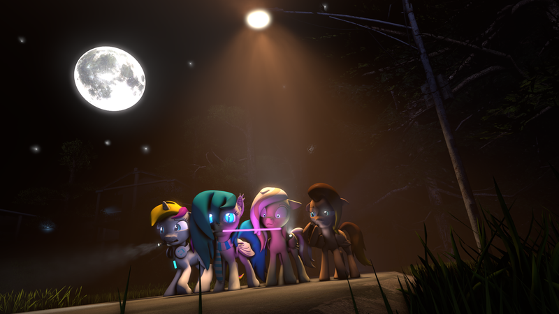 Size: 1920x1080 | Tagged: safe, artist:mrwithered, derpibooru import, oc, oc:ivory, oc:ivoryquest, oc:nyxie, oc:sprinkles, unofficial characters only, bat pony, pony, unicorn, 3d, image, moon, png, ultimare universe