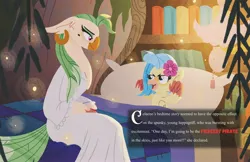Size: 4096x2650 | Tagged: safe, artist:bearmation, derpibooru import, captain celaeno, princess skystar, anthro, bird, classical hippogriff, hippogriff, parrot, parrot pirates, my little pony: the movie, adopted offspring, alternate universe, bed, bedroom, duo, duo female, female, high res, image, jpeg, mother and child, mother and daughter, on bed, ornithian, parent:captain celaeno, pirate, smiling, story included, text, younger