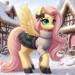 Size: 1024x1024 | Tagged: safe, ai content, machine learning generated, ponerpics import, ponybooru import, fluttershy, pegasus, pony, alternate cutie mark, bing, bow, clothed ponies, clothes, female, hair bow, image, jpeg, mare, ponyville, saddle, skirt, smiling, snow, solo, spread wings, sweater, tack, unshorn fetlocks, wings, winter outfit