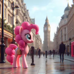 Size: 1024x1024 | Tagged: safe, ai content, derpibooru import, machine learning generated, pinkie pie, earth pony, human, pony, big ben, england, female, g4, image, jpeg, london, prompter:pinkiepiepics, solo, united kingdom