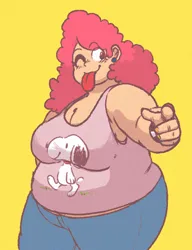 Size: 551x717 | Tagged: safe, artist:punkittdev, derpibooru import, pinkie pie, human, :p, ;p, breasts, chubby, clothes, denim, ear piercing, earring, fat, g4, humanized, image, jeans, jewelry, jpeg, one eye closed, pants, piercing, pudgy pie, simple background, snoopy, solo, tanktop, tongue out, wink, yellow background