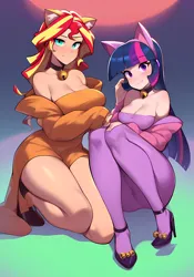 Size: 2688x3840 | Tagged: suggestive, ai content, derpibooru import, machine learning generated, stable diffusion, sunset shimmer, twilight sparkle, cat, human, bedroom eyes, bell, big breasts, blushing, bodysuit, breasts, busty sunset shimmer, busty twilight sparkle, cat bell, cat ears, catgirl, choker, cleavage, clothes, collar, costume, cute, duo, duo female, female, g4, generator:pony diffusion v6 xl, generator:purplesmart.ai, high heels, high res, humanized, image, kneeling, light skin, looking at you, png, prompter:lerkyboy, reasonably sized breasts, shoes, smiling, smiling at you, socks, stockings, thigh highs, thighs, thunder thighs, wide hips