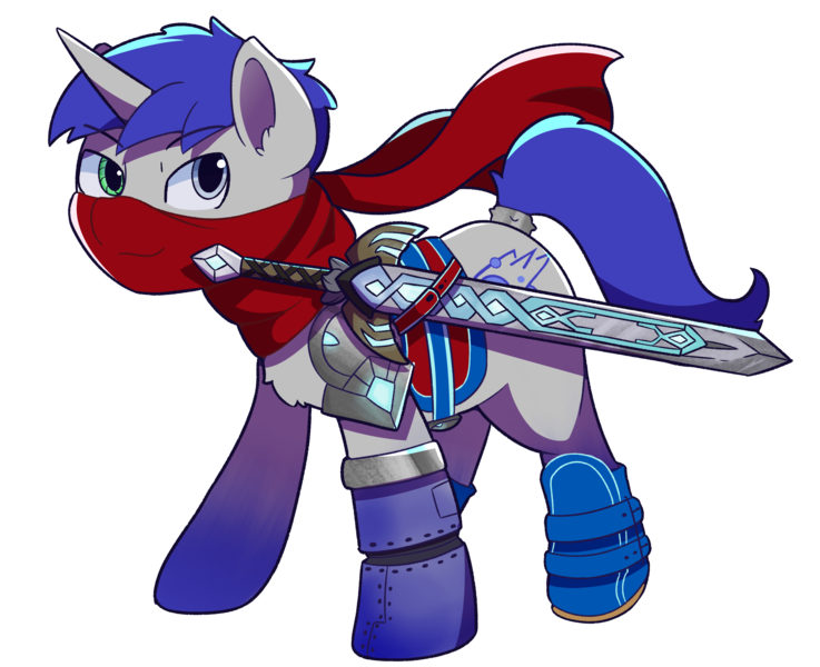 Size: 2652x2160 | Tagged: safe, artist:morrigun, derpibooru import, oc, oc:astral blaze, unofficial characters only, cyborg, pony, unicorn, derpibooru community collaboration, 2024 community collab, armor, blue mane, clothes, derpibooru exclusive, eyes open, horn, image, male, png, robot eye, robot legs, scarf, shoes, simple background, solo, stallion, stallion oc, standing, sword, transparent background, weapon