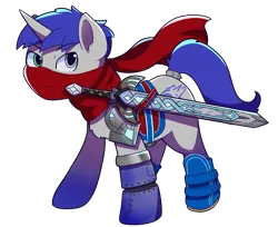 Size: 2652x2160 | Tagged: safe, artist:morrigun, derpibooru import, oc, oc:astral blaze, unofficial characters only, cyborg, pony, unicorn, derpibooru community collaboration, 2024 community collab, armor, blue mane, clothes, derpibooru exclusive, eyes open, horn, image, male, png, robot eye, robot legs, scarf, shoes, simple background, solo, stallion, stallion oc, standing, sword, transparent background, weapon