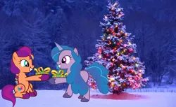 Size: 1930x1179 | Tagged: safe, artist:shieldwingarmorofgod, derpibooru import, izzy moonbow, sunny starscout, earth pony, pony, unicorn, g5, base used, christmas, christmas tree, duo, duo female, female, g4, g5 to g4, generation leap, holiday, image, irl, looking at each other, looking at someone, mare, photo, png, present, snow, tree