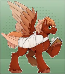 Size: 2128x2453 | Tagged: safe, artist:horseman3000, derpibooru import, oc, oc:pavlos, ponified, unofficial characters only, pegasus, pony, bandage, broken bone, broken wing, cast, colored hooves, freckles, green background, high res, image, injured, notebook, pen, png, short tail, simple background, sling, solo, species swap, tail, unshorn fetlocks, wings