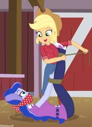 Size: 2550x3510 | Tagged: safe, artist:robukun, derpibooru import, applejack, princess luna, human, equestria girls, bondage, bound and gagged, gag, hogtied, image, jpeg, open mouth, open smile, smiling, tied up, tying, vice principal luna