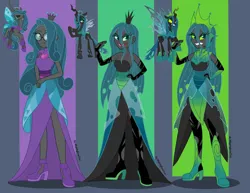 Size: 3300x2550 | Tagged: safe, artist:nightglowfan, derpibooru import, queen chrysalis, changeling, changeling queen, human, equestria girls, armor, clothes, crown, dress, equestria girls-ified, female, glasses, high heels, humanized, image, jewelry, mirror universe, png, regalia, reversalis, self paradox, shoes, triality, ultimate chrysalis
