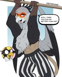 Size: 2404x2972 | Tagged: safe, artist:viktiipunk, derpibooru import, lovestruck, oc, oc:ping wing, oc:tsavo, gryphon, hippogriff, abs, beak, chest fluff, clothes, dialogue, feather, head feathers, heart, heart eyes, image, looking at you, no pony, open mouth, pants, png, pullup bar, smug, spread wings, tail, talons, wingding eyes, wings, workout