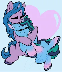 Size: 2580x2983 | Tagged: safe, artist:gleamydreams, derpibooru import, izzy moonbow, pony, unicorn, g5, belly, cuddling, cute, eyes closed, featureless crotch, female, heart, hug, image, izzybetes, jpeg, lesbian, light blue background, mare, misty brightdawn, mistybetes, mizzy, pale belly, shipping, simple background, smiling, snuggling, unshorn fetlocks
