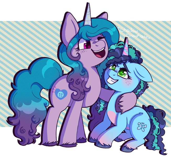 Size: 1589x1461 | Tagged: safe, artist:shadowsnowflake1, derpibooru import, izzy moonbow, pony, unicorn, g5, abstract background, blushing, duo, duo female, female, hug, image, jpeg, mare, misty brightdawn, size difference