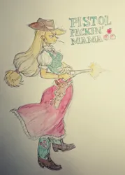Size: 1562x2187 | Tagged: safe, artist:daisymane, derpibooru import, applejack, human, equestria girls, boots, clothes, colored, cowboy boots, dress, female, gloves, gun, handgun, image, jpeg, pencil drawing, revolver, shoes, solo, straw in mouth, text, traditional art, watercolor painting, weapon