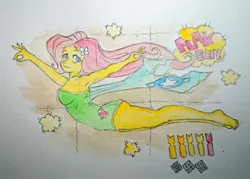 Size: 2252x1608 | Tagged: safe, artist:daisymane, derpibooru import, fluttershy, human, equestria girls, barefoot, bomb, breasts, busty fluttershy, clothes, feet, female, image, jpeg, looking at you, nazi, nose art, one-piece swimsuit, smiling, smiling at you, solo, swastika, swimsuit, text, traditional art, watercolor painting, weapon