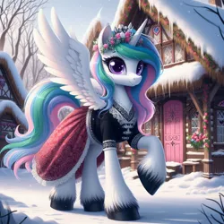 Size: 1024x1024 | Tagged: safe, ai content, machine learning generated, ponerpics import, ponybooru import, princess celestia, alicorn, pony, bing, clothed ponies, clothes, female, flower, flower in hair, house, image, jpeg, mare, skirt, snow, solo, spread wings, unshorn fetlocks, village, wings
