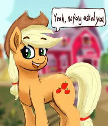 Size: 1500x1742 | Tagged: safe, artist:phutashi, derpibooru import, applejack, earth pony, pony, dialogue, eyebrows, eyebrows visible through hair, female, image, looking at you, mare, open mouth, open smile, png, smiling, smiling at you, solo, speech bubble, sweet apple acres, talking to viewer