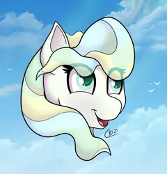 Size: 1590x1659 | Tagged: safe, artist:cloudybirb, derpibooru import, vapor trail, pegasus, pony, bust, cloud, eye clipping through hair, female, image, mare, png, portrait, sky, solo