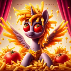 Size: 1024x1024 | Tagged: safe, ai content, derpibooru import, machine learning generated, oc, alicorn, alicorn oc, cheese, curtains, food, french fries, generator:dall-e 3, horn, image, jpeg, tomato, wings