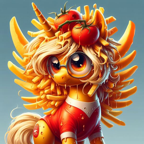 Size: 1024x1024 | Tagged: safe, ai content, derpibooru import, machine learning generated, oc, alicorn, alicorn oc, cheese, food, french fries, generator:dall-e 3, glasses, horn, image, jpeg, tomato, wings