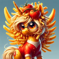 Size: 1024x1024 | Tagged: safe, ai content, derpibooru import, machine learning generated, oc, alicorn, alicorn oc, cheese, food, french fries, generator:dall-e 3, glasses, horn, image, jpeg, tomato, wings