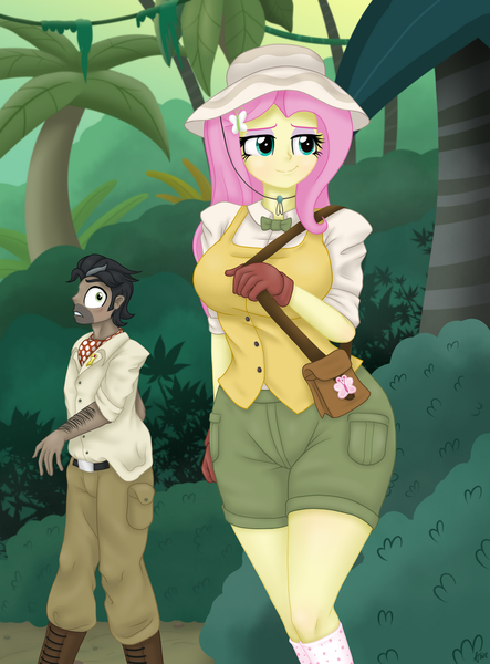 Size: 1280x1735 | Tagged: safe, artist:lennondash, derpibooru import, doctor caballeron, fluttershy, human, daring doubt, equestria girls, belt, boots, breasts, busty fluttershy, clothes, denim, duo, duo male and female, equestria girls interpretation, female, forest, gloves, hat, high heel boots, image, jeans, jungle, male, nature, pants, png, scene interpretation, shirt, shoes, shorts, tree, vest, wide hips