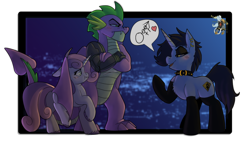 Size: 3721x2160 | Tagged: suggestive, artist:brainiac, derpibooru import, spike, sweetie belle, oc, oc:tansha, dragon, pony, unicorn, annoyed, asking for a threesome, clothes, collar, commission, cybernetic arm, ear piercing, female, image, implied group sex, implied sex, implied threesome, male, mare, nervous, older, older spike, older sweetie belle, piercing, png, setting: neo somnambula, socks, stockings, thigh highs