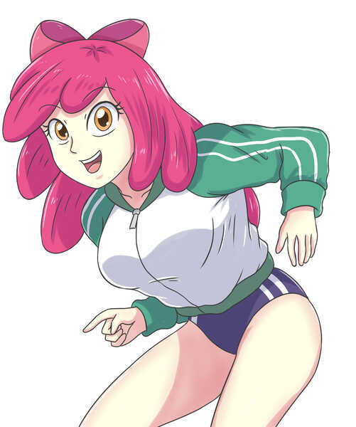 Size: 2461x2946 | Tagged: safe, artist:sumin6301, derpibooru import, apple bloom, human, equestria girls, breasts, buruma, busty apple bloom, clothes, female, g4, high res, hoodie, image, jpeg, looking at you, older, older apple bloom, open mouth, shorts, simple background, solo, sports panties, white background