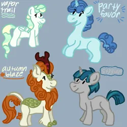Size: 1500x1500 | Tagged: safe, artist:mintwhistle, derpibooru import, autumn blaze, party favor, stygian, vapor trail, kirin, pegasus, pony, unicorn, cloven hooves, dot eyes, eyelashes, female, folded wings, g4, gray background, group, happy, horn, image, male, mare, medibang paint, missing accessory, multicolored mane, multicolored tail, open mouth, open smile, png, quartet, rearing, shy, simple background, smiling, stallion, style emulation, stylized, tail, wings