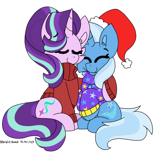 Size: 4000x4000 | Tagged: safe, artist:nordicgoat, derpibooru import, starlight glimmer, trixie, pony, unicorn, blushing, christmas, cuddling, duo, eyes closed, hat, holiday, image, png, santa hat, simple background, smiling, transparent background