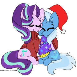 Size: 4000x4000 | Tagged: safe, artist:nordicgoat, derpibooru import, starlight glimmer, trixie, pony, unicorn, blushing, christmas, cuddling, duo, eyes closed, hat, holiday, image, png, santa hat, simple background, smiling, transparent background