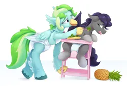 Size: 4527x3063 | Tagged: suggestive, artist:edrian, derpibooru import, oc, oc:sea spark, oc:sharp point, unofficial characters only, bat pony, hippogriff, bat pony oc, bat wings, broccoli, chair, cute, diaper, diaper fetish, fetish, food, highchair, hippogriff oc, image, living object, non-baby in diaper, pineapple, plushie, png, simple background, white background, wings