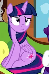 Size: 622x929 | Tagged: safe, derpibooru import, edit, edited screencap, editor:twilyisbestpone, screencap, rarity, twilight sparkle, twilight sparkle (alicorn), alicorn, pony, rabbit, fluttershy leans in, season 7, animal, couch, cropped, female, fluttershy's cottage, g4, image, inverted mouth, mare, offscreen character, png, smiling, solo focus