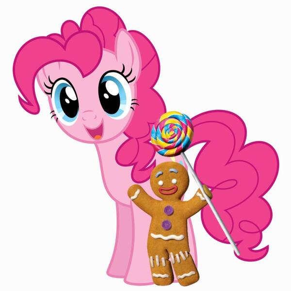 Size: 1440x1440 | Tagged: safe, artist:ebotizer, derpibooru import, pinkie pie, earth pony, pony, candy, dreamworks, female, food, gingerbread man, gingy, image, jpeg, lollipop, male, shrek, simple background, white background