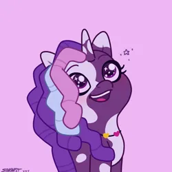 Size: 2480x2480 | Tagged: safe, artist:starburstuwu, derpibooru import, violette rainbow, pony, unicorn, g5, coat markings, cute, dreadlocks, female, filly, foal, image, jewelry, jpeg, looking up, necklace, pink background, pinto, simple background, solo, sparkles, sparkly eyes, violettebetes, vitiligo, wingding eyes