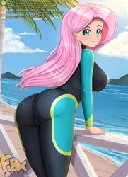 Size: 2480x3425 | Tagged: safe, artist:focusb, derpibooru import, fluttershy, human, equestria girls, equestria girls series, breasts, butt, clothes, cloud, high res, human coloration, image, jpeg, looking at you, looking back, looking back at you, ocean, outdoors, sky, smiling, smiling at you, solo, swimsuit, tree, water