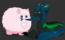 Size: 1162x718 | Tagged: safe, artist:mixermike622, derpibooru import, queen chrysalis, oc, oc:fluffle puff, changeling, changeling queen, earth pony, original species, pony, alternate design, biting, canon x oc, duo, duo female, female, fluffy, gray background, hair bite, image, jpeg, lesbian, lying down, mare, mouth hold, prone, ship:chrysipuff, shipping, simple background